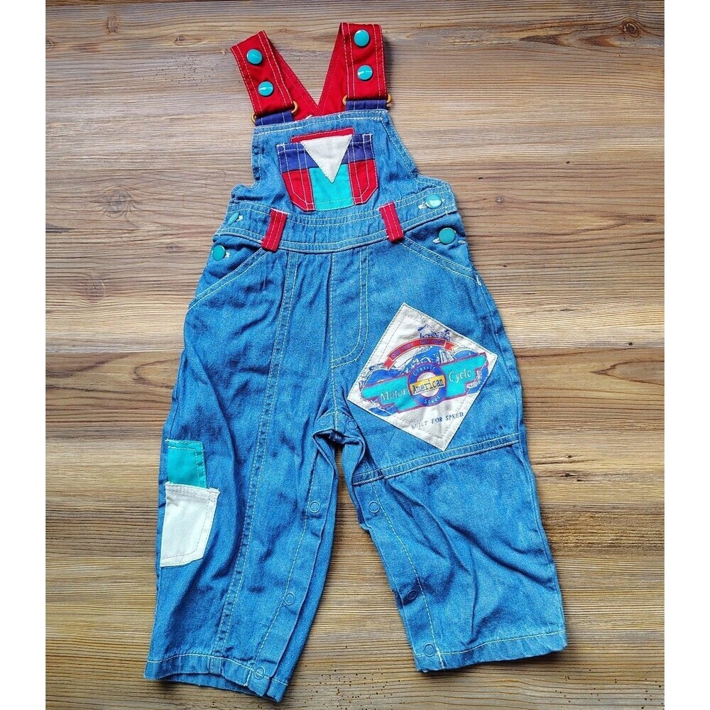 Vintage Eclipse Denim Overalls 12M Baby Boys Colorblock Patchwork Motorcycle 90s
